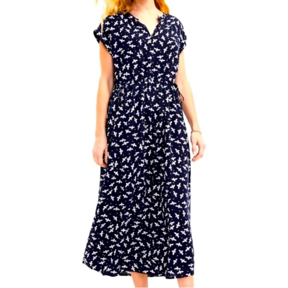 LOFT Navy Bee Print Midi Dress